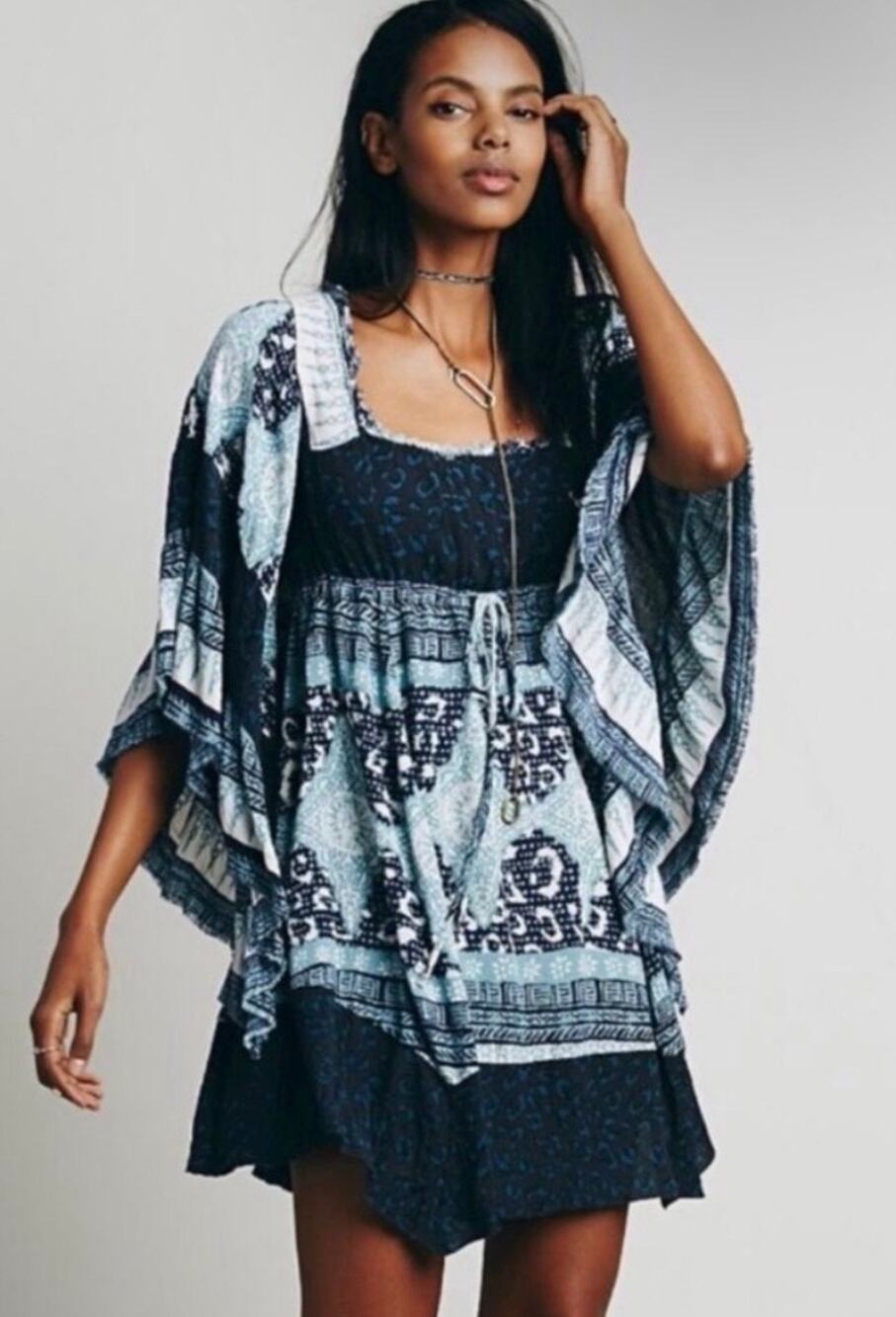 Free People Heart of Gold Mix Print Bell Sleeve Blouson Peasant Mini Dress M
